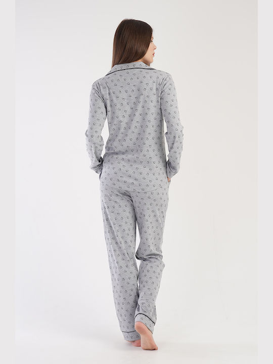 Vienetta Damen Winter-Knopfleiste Pyjamas-304135 Grau Melange