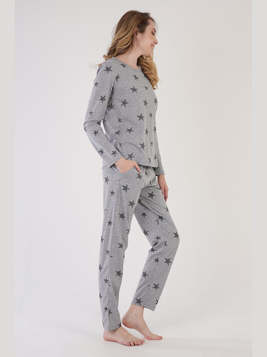 Vienetta Damen Winterpyjama Sterne-304061 Grau Melange