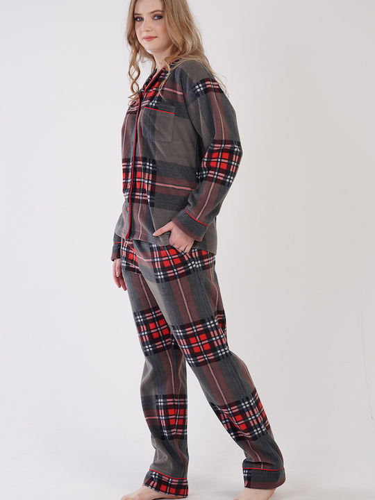 Vienetta Women's Winter Fleece Pyjamas Checkered Buttoned-310092 Anthracite