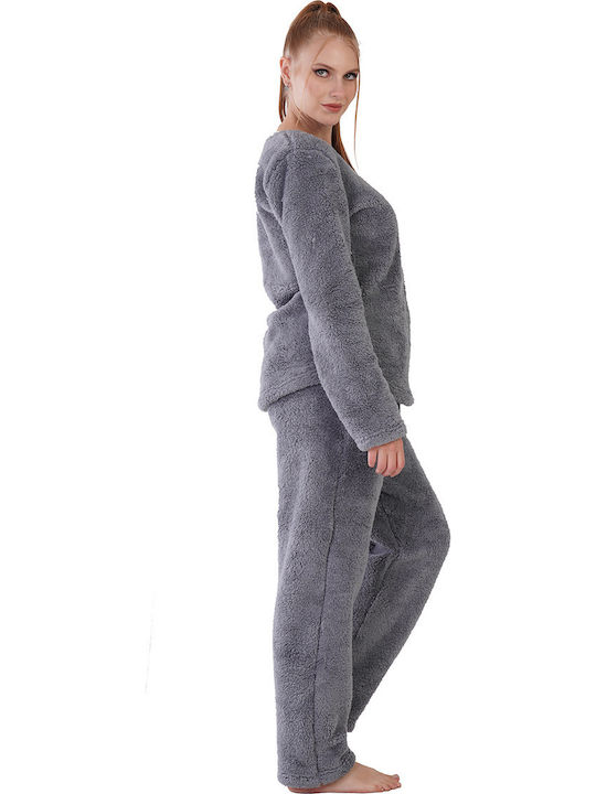 Pijamale de iarnă pentru femei Vienetta din boucle cu imprimeu brodat "bucură-te" gri -306048
