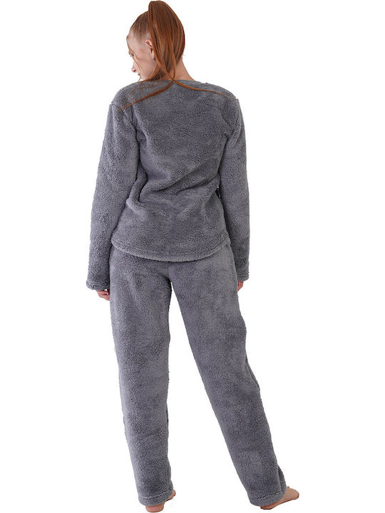 Pijamale de iarnă pentru femei Vienetta din boucle cu imprimeu brodat "bucură-te" gri -306048
