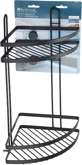 Corner Wall Mounted Bathroom Shelf Metallic with 2 Shelves and Suction Cups 25x18x37cm Black