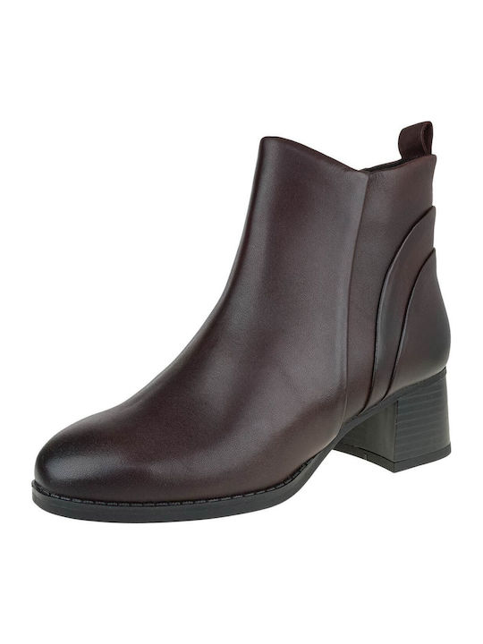 Δερμάτινα Γυναικεία Μποτάκια Αστραγάλου με Μεσαίο Τακούνι Μπορντό