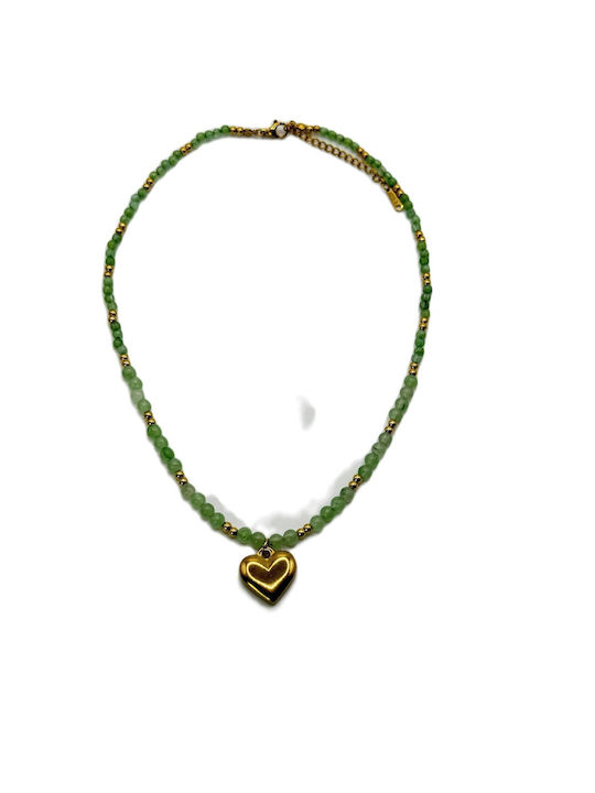 Green Bead Necklace with Golden Heart