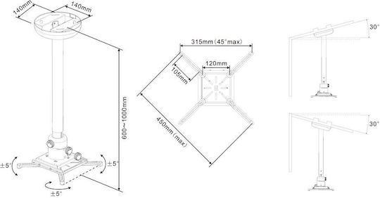 Multibrackets Projector Mount Ceiling M Universal Projector Ceiling Mount 1600-3000 wit with Maximum Load Capacity of 10kg White