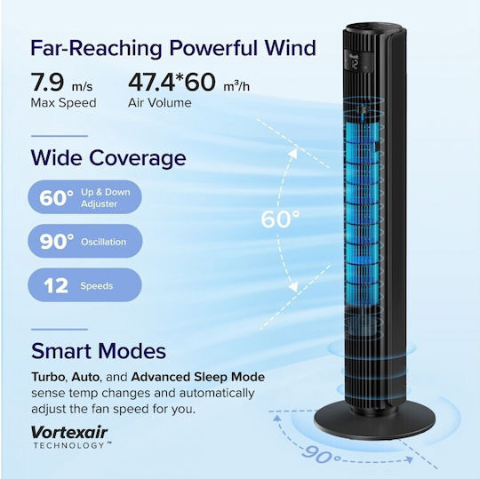 Levoit TempSense 42 Tower Fan 23W With Remote Control Black