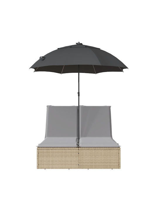 Liegestuhl Doppelter Rattan mit Kissen & Sonnenschirm Beige 110x200cm.
