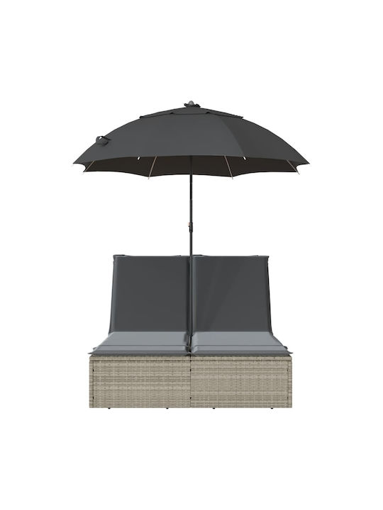 Șezlong Dublu Rattan cu Pernă și Parasolar Gri 110x200cm