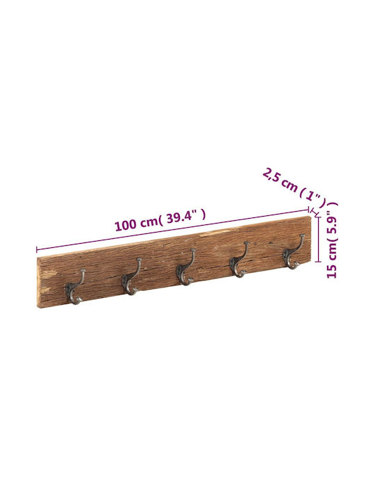 vidaXL Κρεμάστρα Τοίχου Ξύλινη 5 Θέσεων Καφέ 100x15x2.5cm