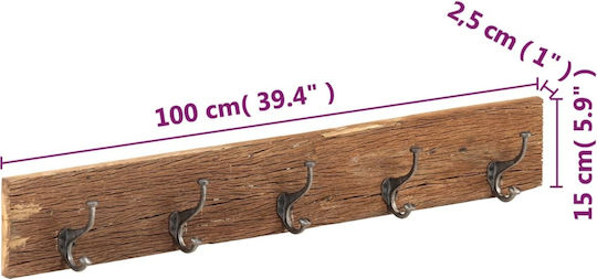 vidaXL Стенна Закачалка Дървена С 5 Места Кафява 100x15x2.5см