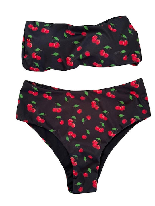 Bikini Set Strapless Top & Slip Bottom BLACK cherries