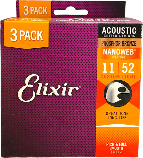 Elixir Комплект Бронз Хорди за Акустична китара Nanoweb Custom Light 3Pack 11 - 52"