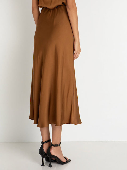 Toi&Moi Satin cu Talie Înaltă Fustă Midi Camel