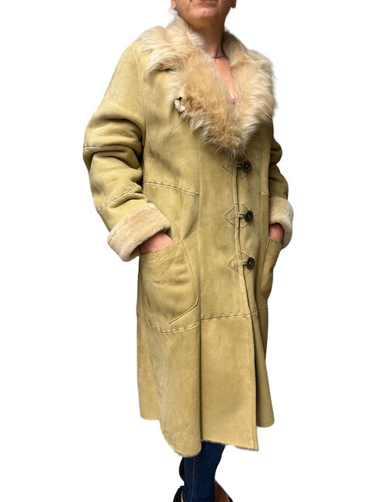 MARKOS LEATHER Women's Mouton Coat with Buttons and Fur beige