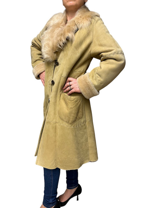 Mouton Damen beige Mantel mit Fellbesatz