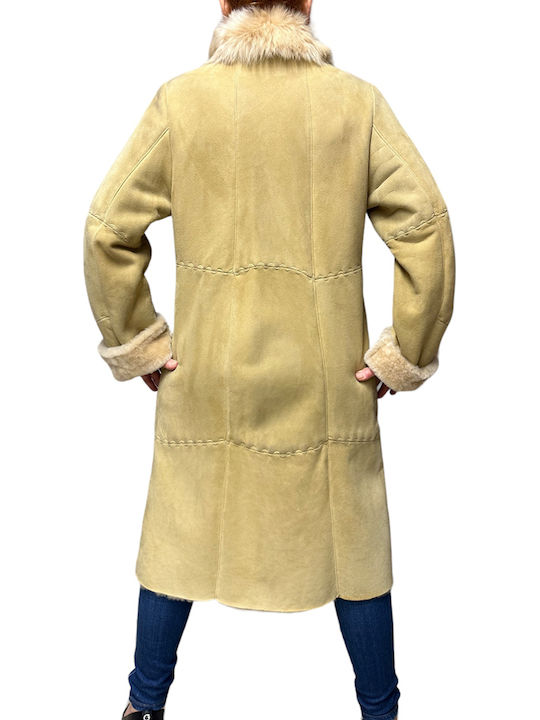 Mouton Damen beige Mantel mit Fellbesatz