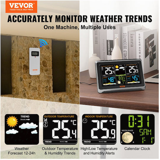 Vevor SNQXZWX75VAAAAQ08V2 Wireless Stație meteorologică Digital De masă Negru