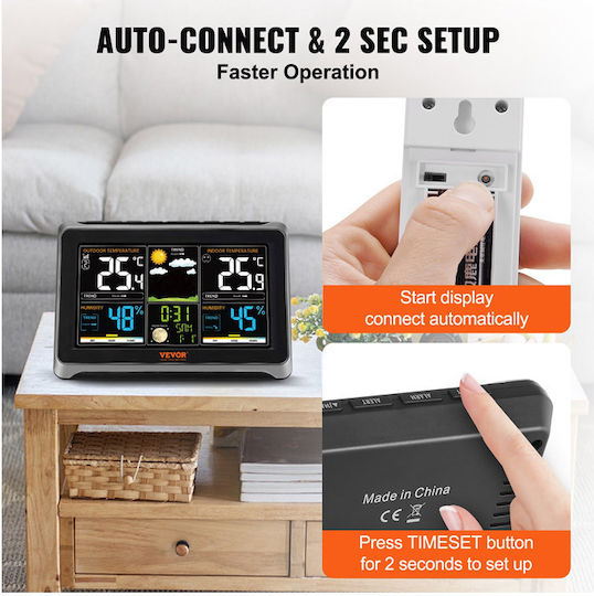 Vevor SNQXZWX75VAAAAQ08V2 Wireless Stație meteorologică Digital De masă Negru