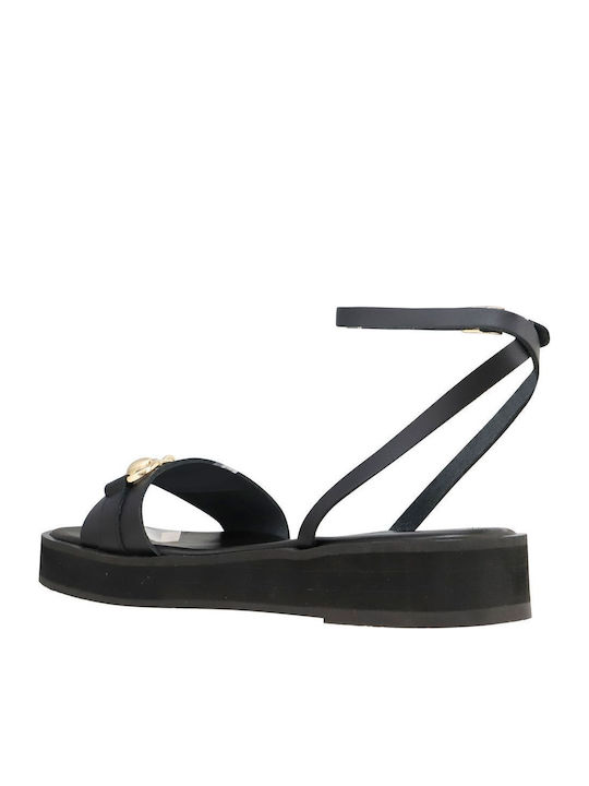Leather Women's Flat Sandals in Black Color