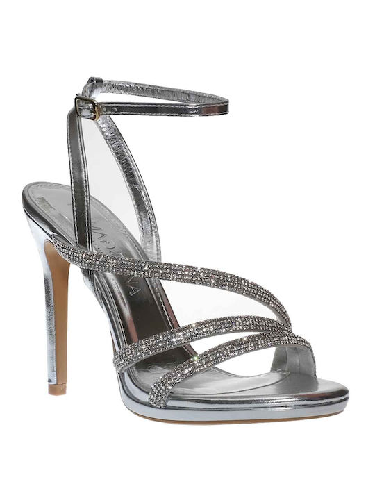 Primadonna Platform Women's Sandals with Strass & Ankle Strap Silver with Thin High Heel
