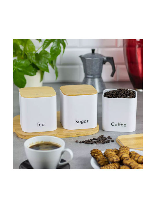 KING Hoff Set of 3 Jars for Coffee Tea Sugar with Lid Glass White 11.5x11.5x12.3cm 3 Pieces