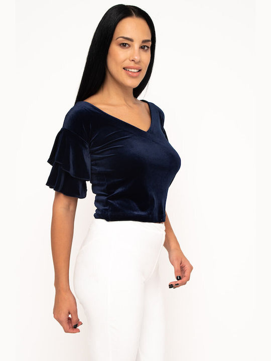 Velvet blouse with ruffles on the sleeves BLUE