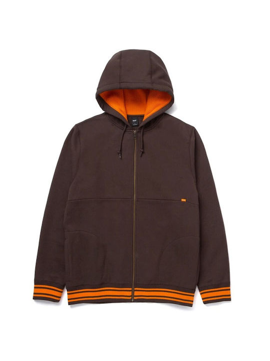 HUF Men's Sweatshirt Jacket with Hood and Pockets Brown