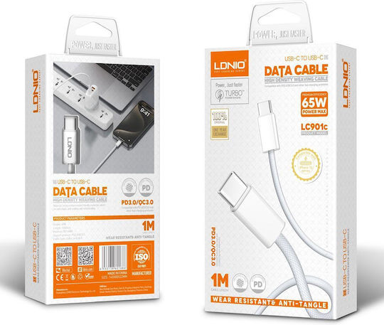 Ldnio Cablu USB 2.0 USB-C Masculin - USB-C 65W PD Alb 1m