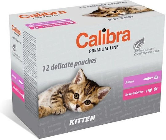 Calibra Wet Food for Young Cats in Pouches with Poultry, Fish and Salmon Grain-Free 12x100gr
