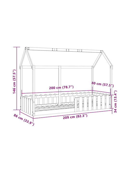 Kinderbett Einzeln Braun für Matratze 80x200cm