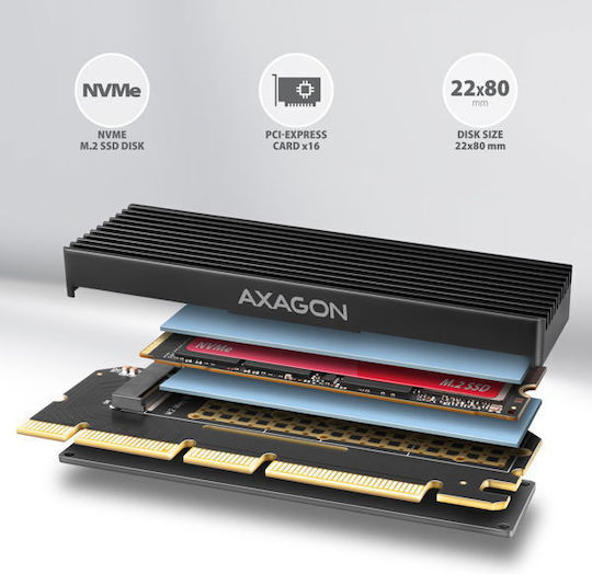 Axagon Pcem2-xs 1x Internal Slot M.2 Nvme Pcie X16 X8 X4 Card Passive Aluminum Heatsink