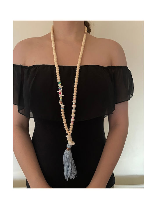 Dq86367 Boho Long Necklace Beige Beads Stars Blue Tassel