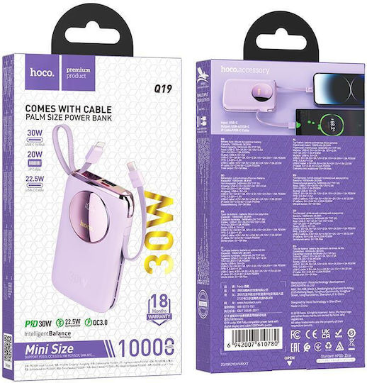 Hoco Q19 Lucky Power Bank 10000mAh 30W with USB-A Port and USB-C Port Power Delivery / Quick Charge 3.0 Purple