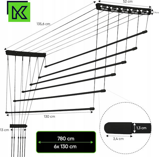 Kadax Wall Clothes Drying Rack with Hanging Length 3m