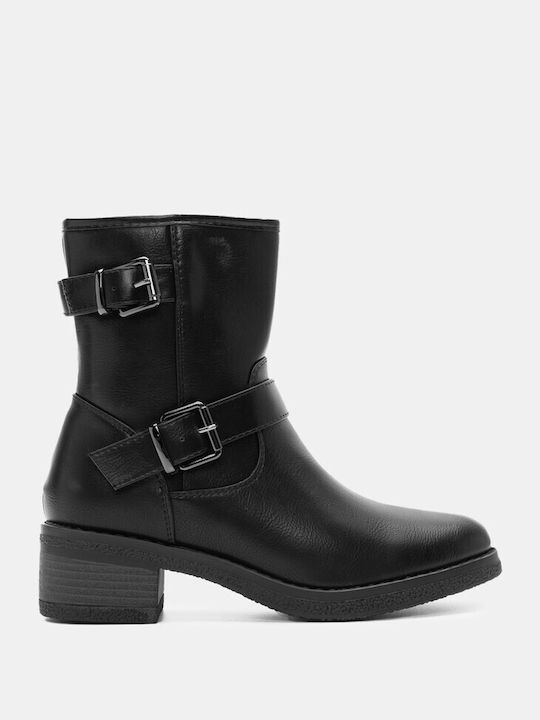 Spitz zulaufende dekorative Riemen Stiefeletten 4298001-schwarz