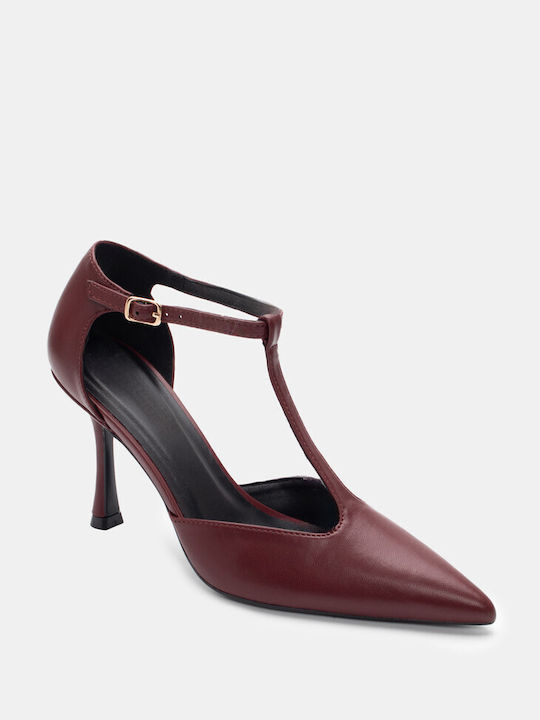 Luigi Synthetic Leather Pointed Toe Burgundy High Heels with Strap