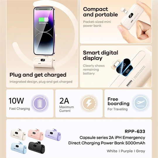 Remax Capsule Series RPP-633 Lightning Power Bank 5000mAh Λευκό