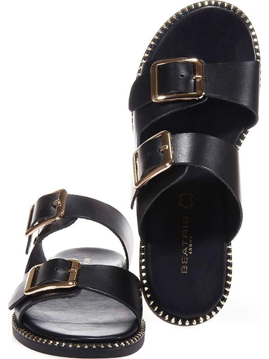 Women's Leather Flat Sandal with Buckles Black
