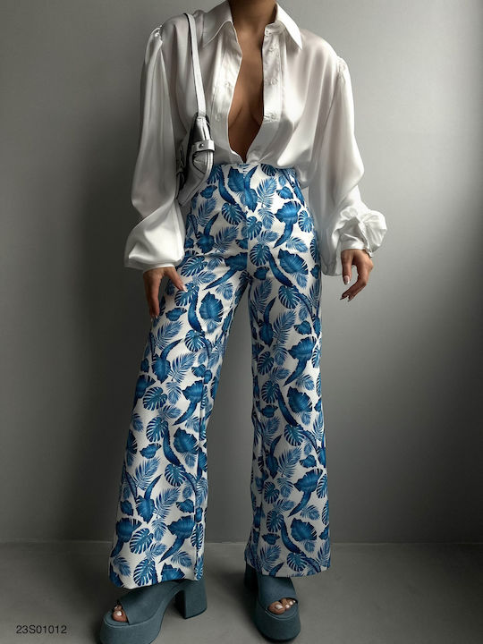 Sinell Women's Floral Fabric High-Waisted Trousers with Zipper Blue