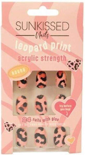Round False Nails Set Sunkissed Leopard Print 24 Pieces Glue Included