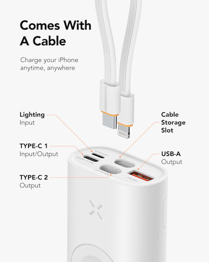 Veger W1162S Power Bank 10000mAh με Θύρα USB-A και Θύρα USB-C Λευκό