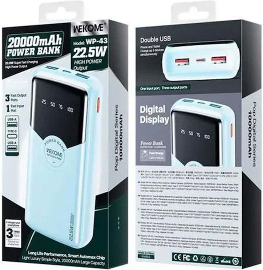 WK WP-43 Power Bank 10000mAh 22.5W with 2 USB-A Output Ports and USB-C Output Port Power Delivery / Quick Charge Blue