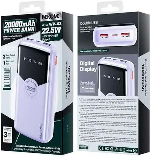 WK WP-43 Power Bank 10000mAh 22.5W with 2 USB-A Ports and USB-C Port Power Delivery Purple