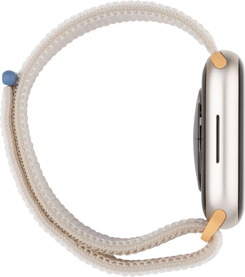 Apple Смарт часовник Series 9 Cellular Алуминий 45 мм Водоустойчив с eSIM и Пулсомер (Starlight със Starlight Sport Loop - M/L)