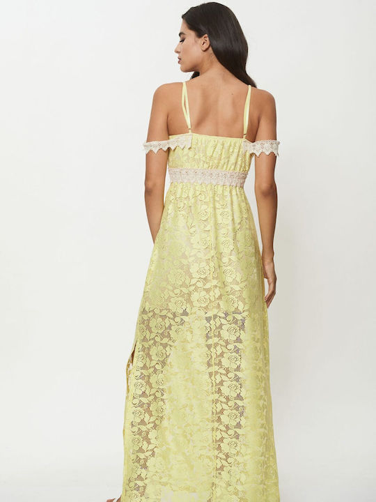 Rochie Maxi pentru Nuntă / Botez cu Dantelă Galbenă
