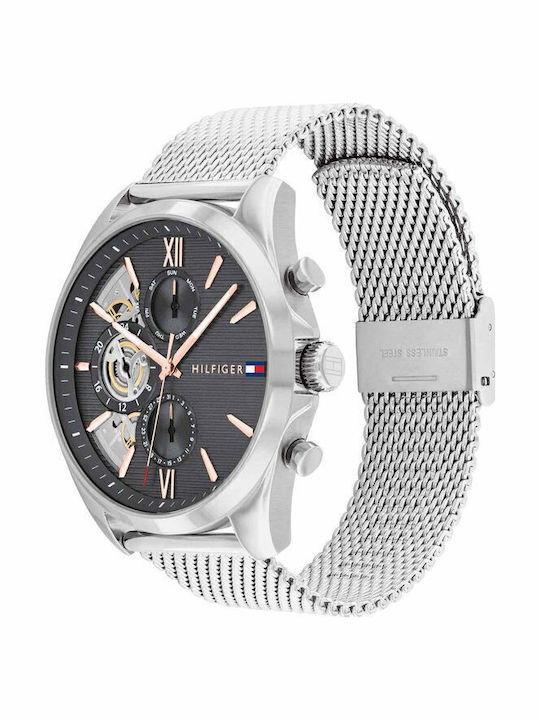 Tommy Hilfiger Baker Ceas Bărbați 44mm Cronograf Baterie Cu Brățară Argintie Din Oțel