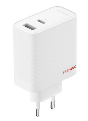 OnePlus Φορτιστής GaN με Θύρα USB-A και Θύρα USB-C και Καλώδιο USB-C - USB-C 80W Λευκός (SUPERVOOC)