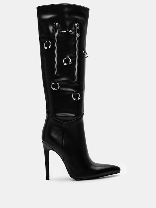 Pointed Boots with Decorative Zipper & Rings 4310201-black