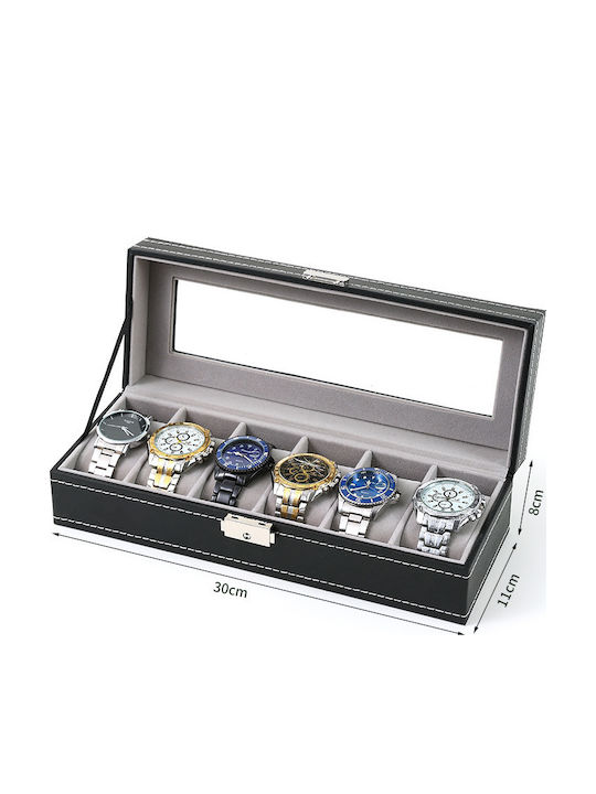 HuiXin Wooden Watch Case with Transparent Cover for 6 Watches Black HX-704