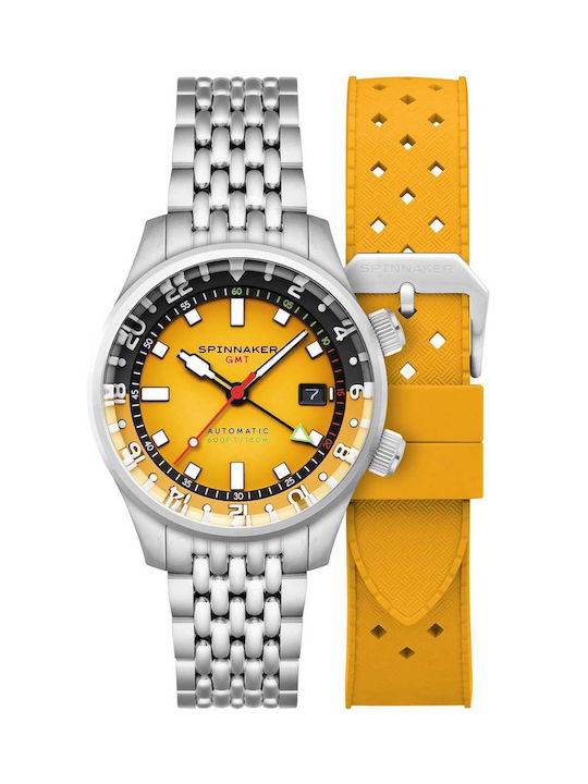 Spinnaker Bradner GMT Automatic Watch Silver Metal Bracelet Yellow Rubber Strap SP-5121-99